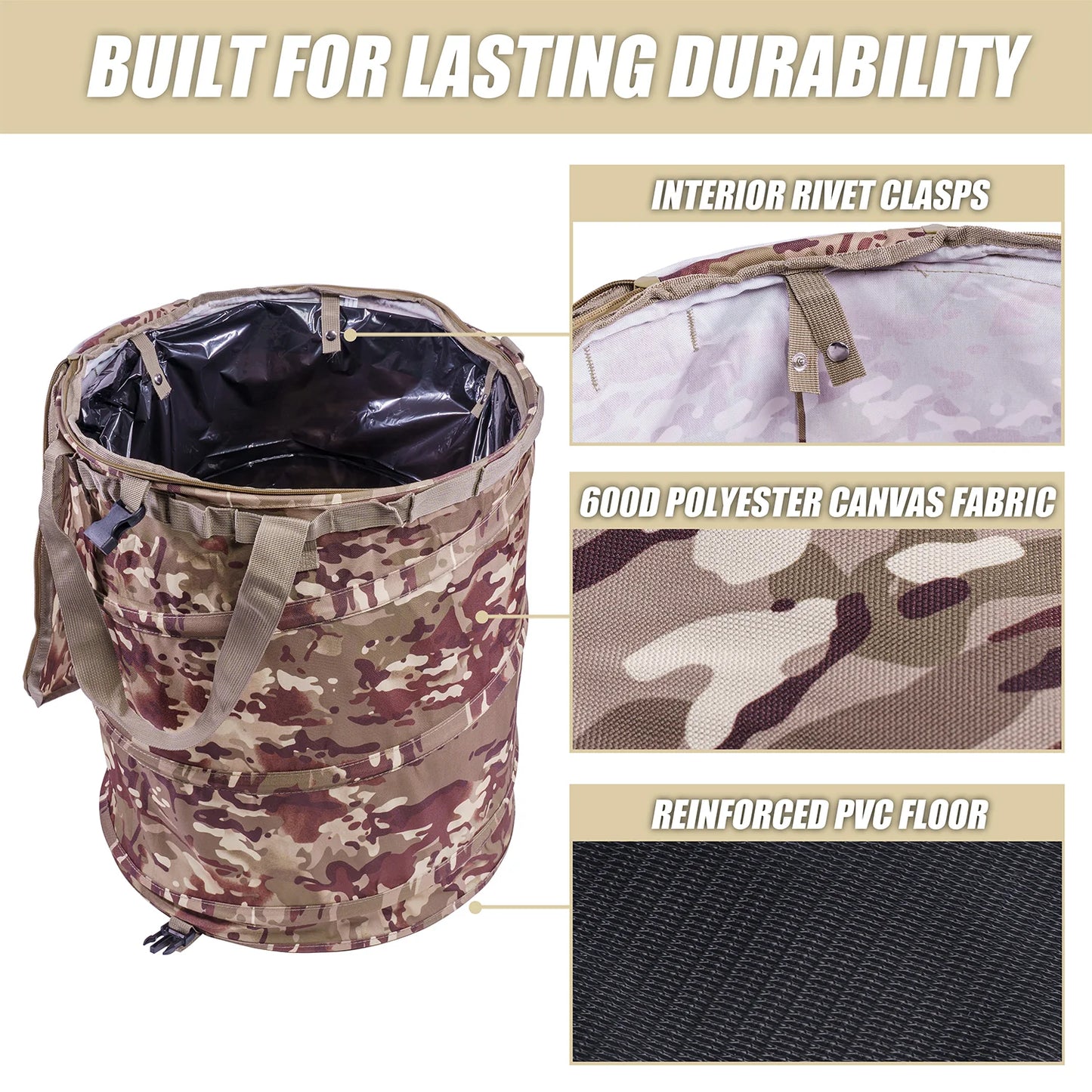 Offgrid Collapsible Trash Can – Pop-Up Reusable Outdoor Storage Bin for Camping, Travel, RVs, Hunting & Fishing – Camouflage Heavy-Duty Design